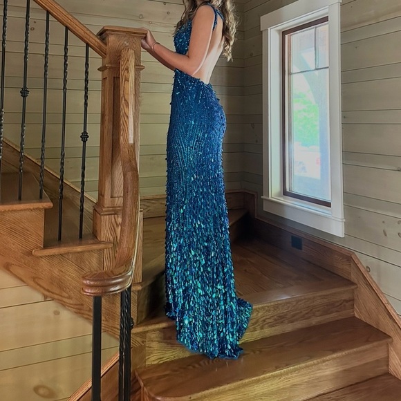 Sherri Hill Turquoise Sequin Prom Dress - Picture 3 of 6